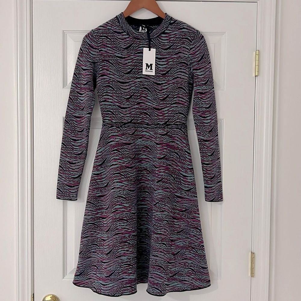 NWT M Missoni Multicolor Wool Blend Wave Long Sleeve Midi A-Line Womens Dress 38 - Picture 2 of 9